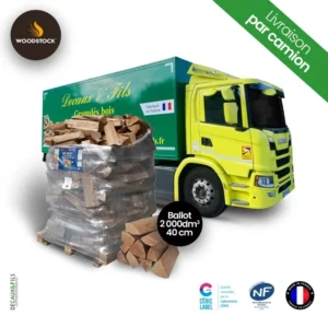 "Bois de chauffage sur palette WOODSTOCK, bûches de 40 cm (1.37 m³-1.85 stère), 100% bois français (chêne, charme, hêtre, frêne). Bûches fendues, partiellement écorcées et brossées en tambour écorceur, sans mousse, lichen ni insecte. Taux d'humidité ≤ 20%, PCI ≥ 3.9 kWh/kg, idéal pour four à bois, poêle, chaudière. Qualité NF - Groupe H1 G1."