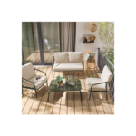 Salon de jardin en métal 4 places kaki. coussins beige. design épuré