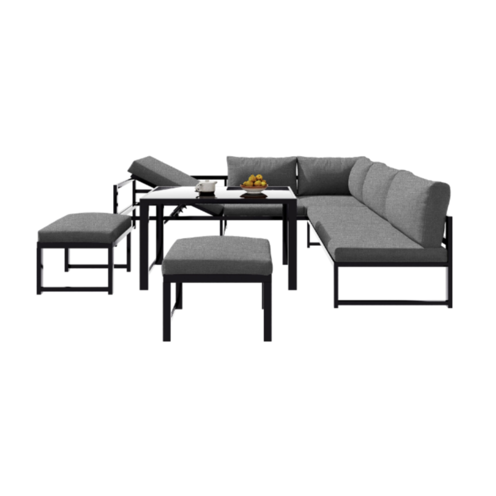 Salon de jardin modulable en Aluminium 7 places - un siège inclinable réglable - 2 canapés、2 tabourets et 1 table - Gris
