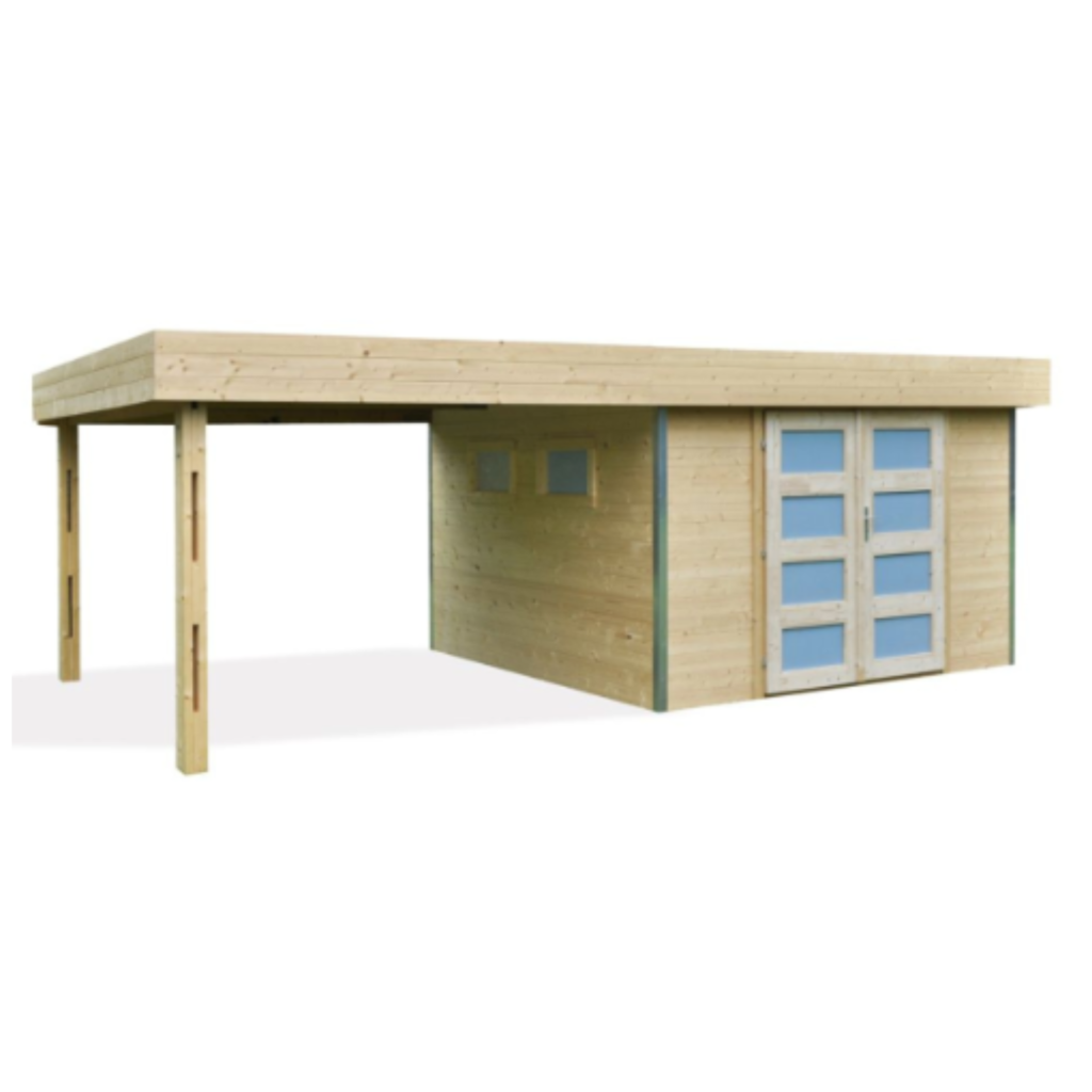 Abri de Jardin en Bois à Toit Plat avec Auvent – Élégance et Polyvalence