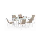 Salon de jardin MADRID table 150 CM et 6 chaises empilables blanc et beige