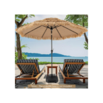 3M Parasol en Paille PE avec 32 LED Solaires, Parasol Hawaïen Tropical avec Double Toit Inclinable, 8 Baleines, 9 Couches, Manivelle, Anti-UV
