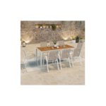 Salon de jardin NOUMEA table 190 cm plateau verre trempé effet bois et 8 chaises empilables blanc et bois