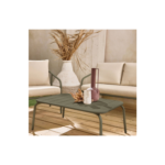 Salon de jardin en métal 4 places kaki. coussins beige. design épuré
