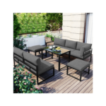 Salon de jardin modulable en Aluminium 7 places - un siège inclinable réglable - 2 canapés、2 tabourets et 1 table - Gris