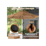 3M Parasol en Paille PE avec 32 LED Solaires, Parasol Hawaïen Tropical avec Double Toit Inclinable, 8 Baleines, 9 Couches, Manivelle, Anti-UV
