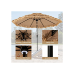 3M Parasol en Paille PE avec 32 LED Solaires, Parasol Hawaïen Tropical avec Double Toit Inclinable, 8 Baleines, 9 Couches, Manivelle, Anti-UV