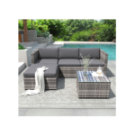 Salon de jardin en résine tressée - Canapé d'angle extérieur avec table basse - 4 places - Gris