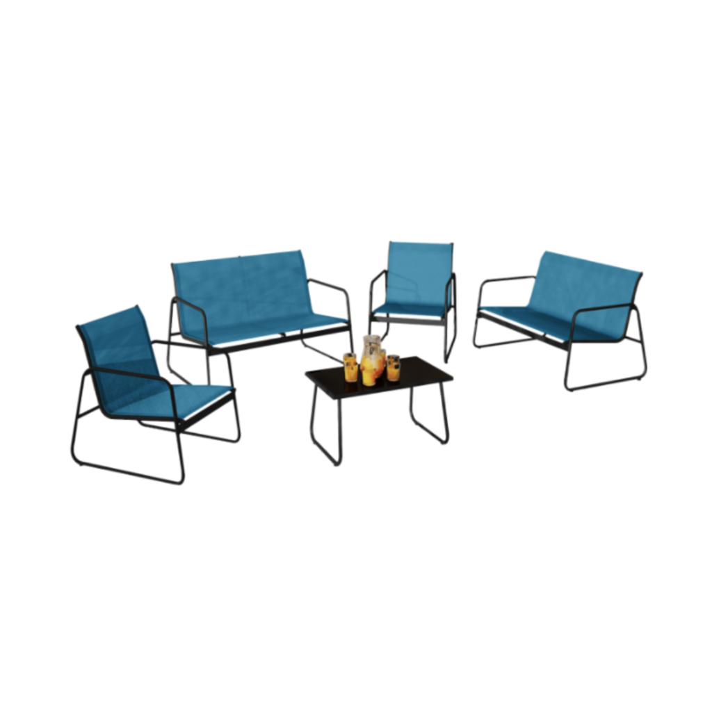 Salon de jardin bas MALAGA 6 places avec canapé, fauteuils et table bleu canard