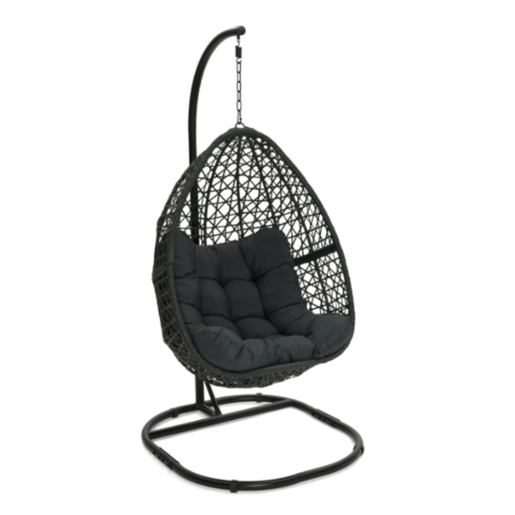 Fauteuil lune suspendu ajouré effet rotin avec coussin gris