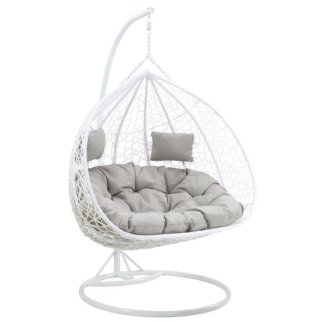 Fauteuil suspendu 2 places en résine tressée - Blanc avec coussins gris - CAYAMBE de MYLIA