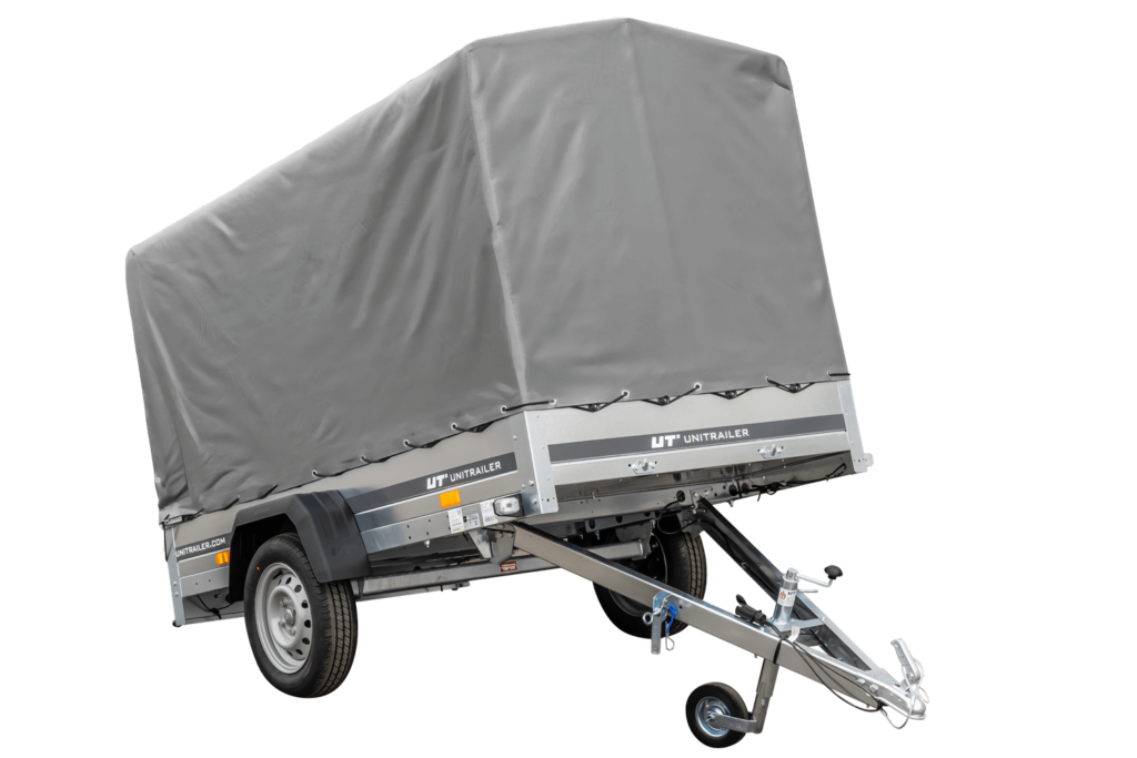 Unitrailer Remorque 230×125 Remorque de jardin 230 basculante 750 kg avec roue jockey, 110 cm bâche haute et arceaux hauts